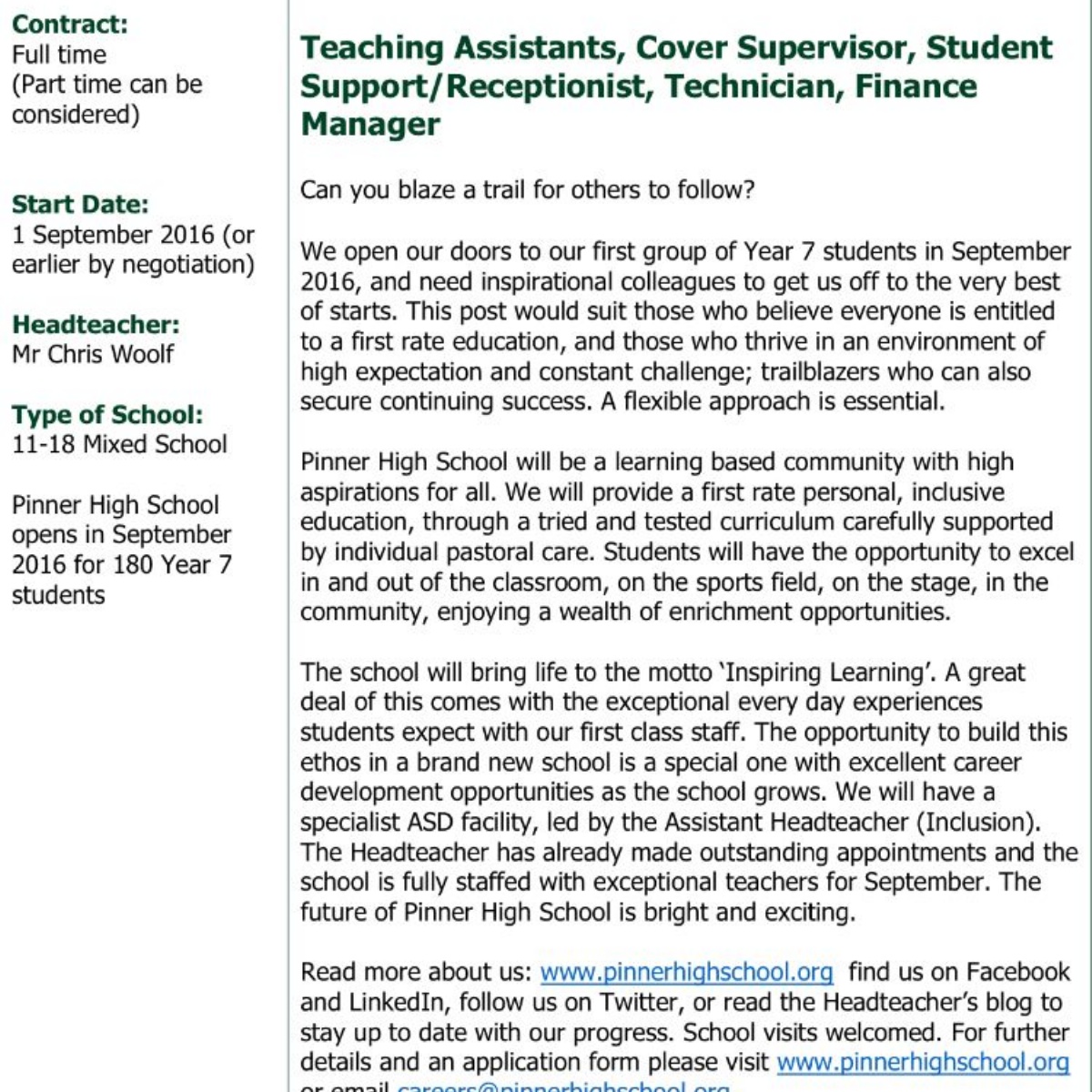 Pinner High School Support staff adverts now live